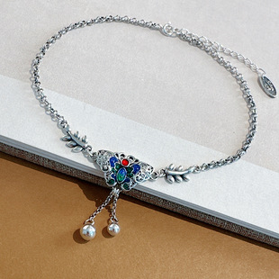 925 silver green butterfly tassel anklet retro exquisite fairy style fluttering all-match niche temperament simple antique anklet