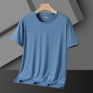 Men's Short-sleeved T-shirt Ice Silk Quick-drying Summer Men's Top High Elastic Solid Color Loose plus size Sports Half-sleeved T-shirt