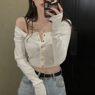 Women's Trendy Base Shirt Spring New Korean-style Slim-fit Short Long-sleeved T-shirt Styish Black off-shoulder Top