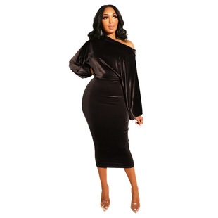 European and American Women's Clothing Amazon Cross-border New Solid Color Suede Slant Shoulder Long Sleeve Top Hip Split Skirt suit
