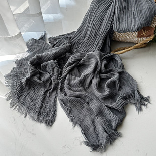 In-Stock Cross-Border Thin Cotton-Linen Texture Solid Color Scarf for Women Versatile Korean Style Long Warm Neck Wrap Pleated Shawl