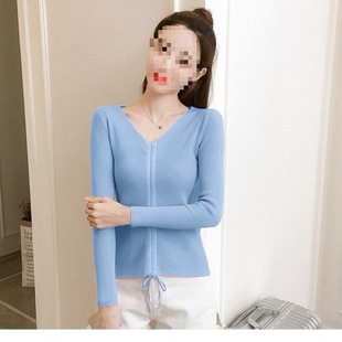 Drawstring Navel-exposed Long-sleeved Spring and Autumn Fashionable Women's Dress Slim-fit Collar T-shirt Knit Sweater Waist-closed Base Elegant Top
