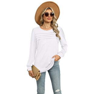 Cross-border 2024 Amazon Independent Station Fall/Winter European and American Foreign Trade New Solid Color U-collar Pleated Long Sleeve T-shirt Jacket for Women