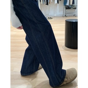 Design Sense Loose Straight Jeans Women's Autumn New American Style Retro dark blue High Waist Slimming Pants