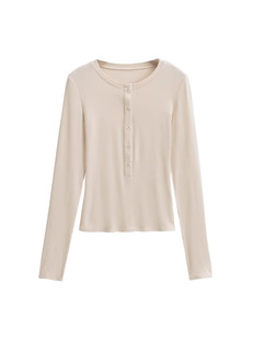 American Style Chic V-Neck Button Long-Sleeved T-Shirt Women's 2024 Early Autumn New Pure Desire Slim-Fit Base Shirt Inner Top