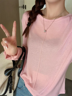 Tencel wool bottoming shirt 2024 autumn new sweater long sleeve T-shirt women's round neck versatile simple design sense
