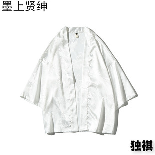 Fat Man Summer Dark Pattern Dragon Robe Coat Men's Seven-point Sleeve Thin Men's Plus Size Japanese Cardigan Robe Kimono Loose