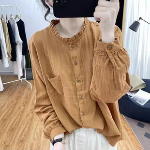 Vintage Versatile Long Sleeve Cotton Shirt Women's Spring and Autumn Western Style Loose Shirt Trendy Ear Collar Top