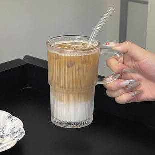 ins Style Stackable Glass Cup with Handle Vertical Pattern Ice American Latte Coffee Cup Large Capacity Drink Cup Juice Cup