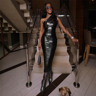 European and American style women's 2024 summer sexy oblique shoulder waist hip slim long dress women's foreign trade wholesale