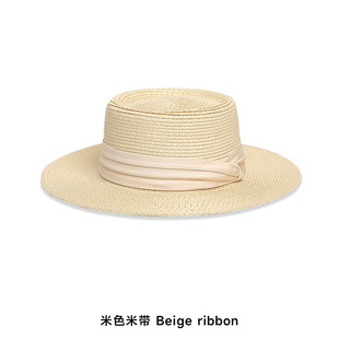 2025 New Style French Flat-Top Straw Hat for Women with Large Head Circumference Seaside Beach Hat Woven Sun Protection Sun Hat Summer