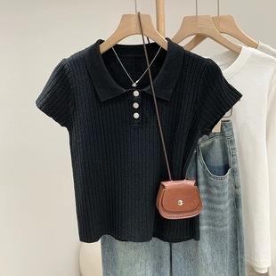 Polo Collar Solid Color Slimming Chic Regular Shoulder Knit Top Ribbed Ice Silk Slim Fit T-Shirt Direct Manufacturer One Piece
