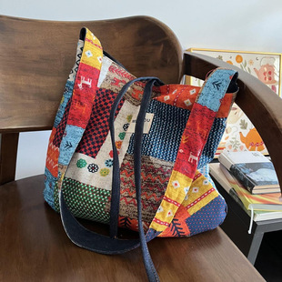 Double Bread Bohemian Denim Canvas Bag Commuter Tote Bag Two Sides Available Vintage Contrast Crossbody Bag Wholesale