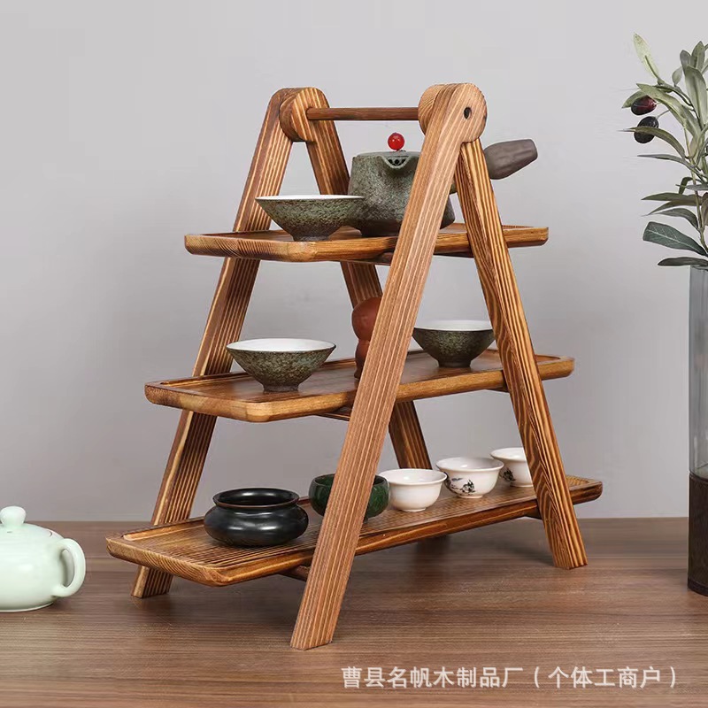Solid Wood Hotel Vegetable Rack Three-Layer Wooden Tray Storage Rack Hot Pot Restaurant Serving Tray Fruit Plate Storage Rack