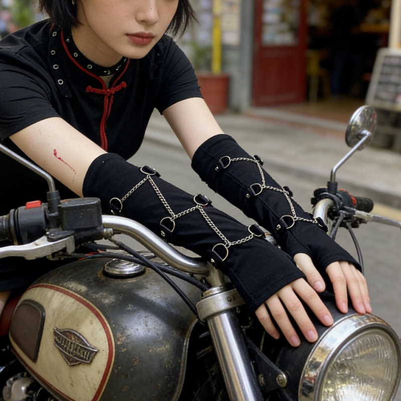 Women Black Fingerless Glove Arm Sleeves with Metal Chains Punk Goth Gloves for Cosplay & Streetwear One Pair 2026 Spring Summer Wholesale Price