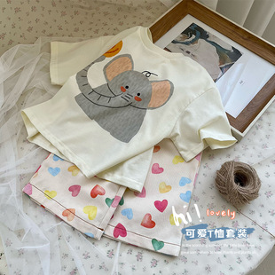 Girls' Short-sleeved Love Pants suit Children's Western-style Sports Leisure All-match Two-piece Korean-style Elephant T-shirt
