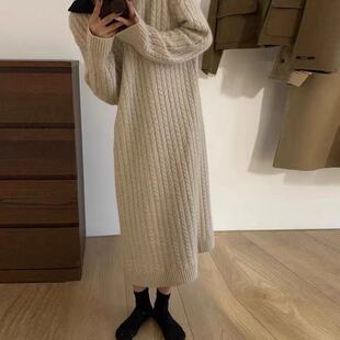 Autumn and Winter Long Sweater Dress High-end Sense Loose Twist Small Chanel Style Simple Stitching Knitted Base Dress Women's Trendy
