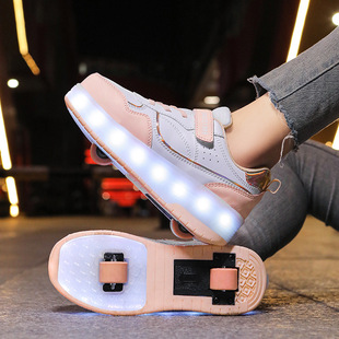 Hun walk shoes boys factory direct new children pulley sneaker roller skates double wheel girls trend explosion walking shoes
