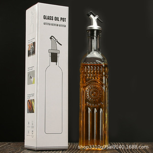 Carved oil bottle 500ml automatic opening and closing mouth oil non-hanging oil glass bottle kitchen household cooking wine soy sauce sub-bottling