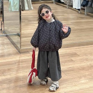 Girls' floral cotton-padded jacket coat 2024 autumn and winter new lace bottoming shirt simple wide leg pants fashion suit