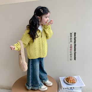 Girls' Knitted Cardigan Spring 2025 New Style Children's Zipper Shirt Early Spring Little Girl's Hooded Sweater Coat
