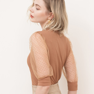 CANVAUS summer women's new mesh stitching half-high collar sleeve T-shirt women's jacket a generation of KS121