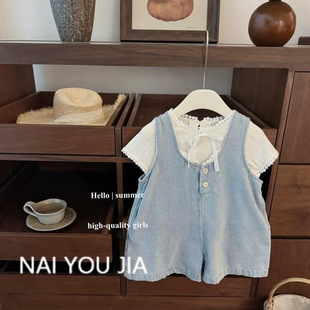 Cream [Summer New Product] ins Small Blogger Female Bao Sweet Cool Denim Suit Pants Bow Two-Piece Set