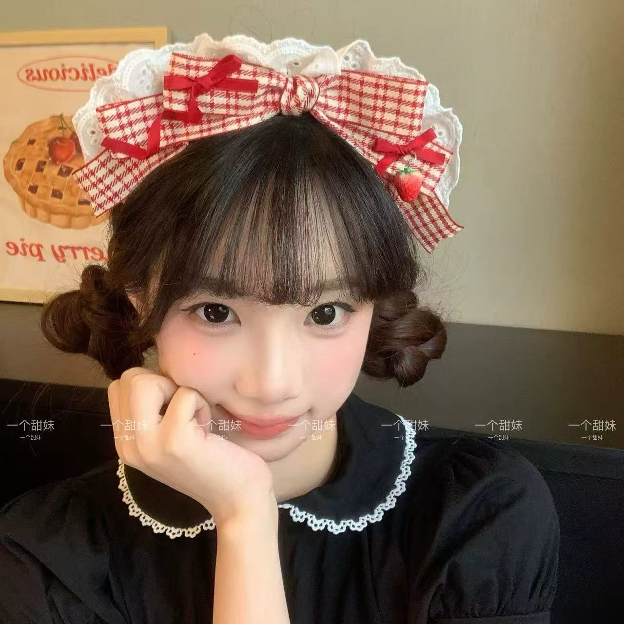 Sweet Girl Cute Red Plaid Bow Headband Lace Sweet Girly Heart Versatile New Headband Hair Accessories New Style