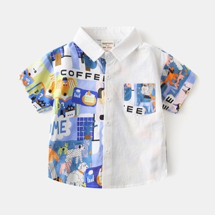 Fashion summer wholesale 2025 new boys short sleeve shirt Korean baby printing stitching short sleeve shirt generation