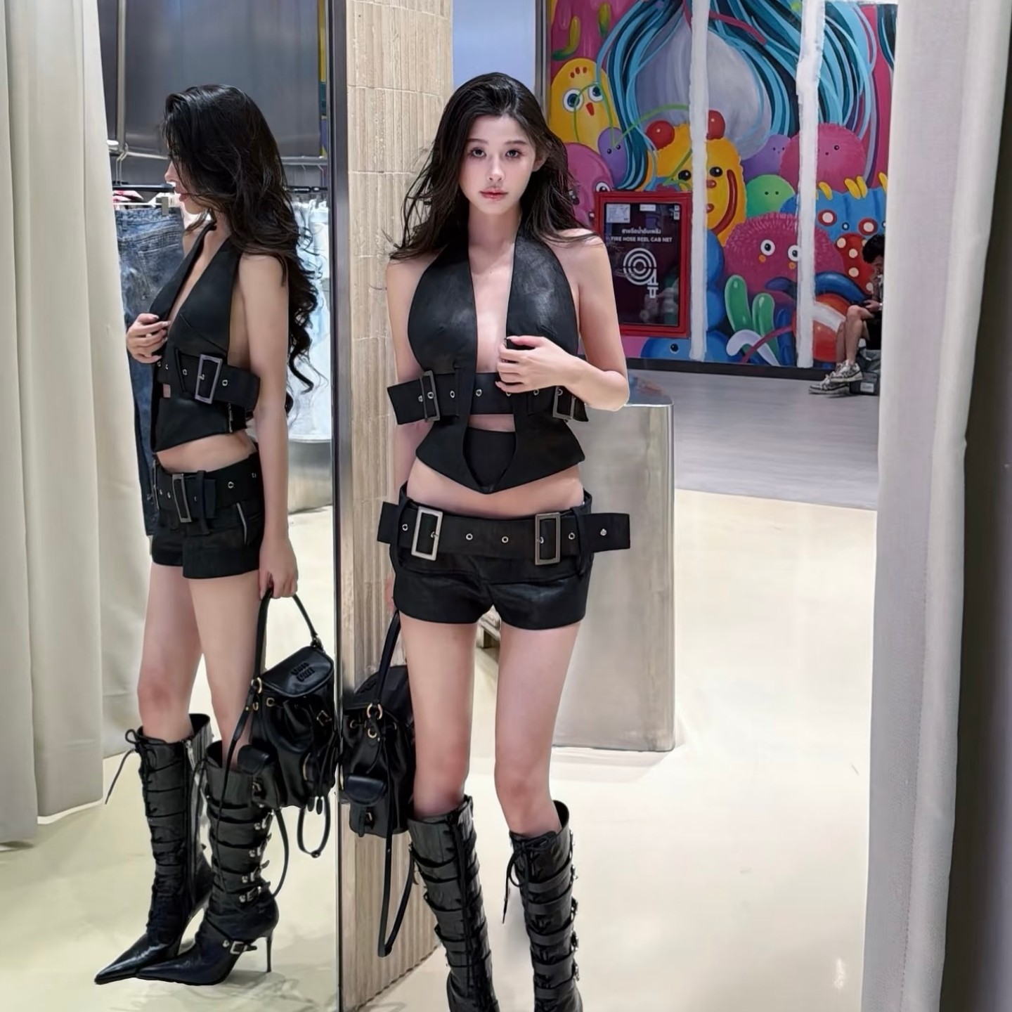 Same Style as Dai Yanni~ Black Distressed Halter Leather Corset Vest, Sexy Hot Girl Punk Style Cool Outfit