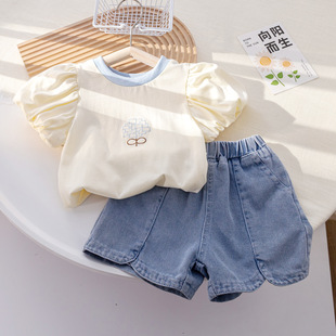 Children's Wear Summer New Suit Cotton Top Bubble Sleeve T-shirt Denim Shorts Baby Girl Stylized Outer Wear Two-piece Set