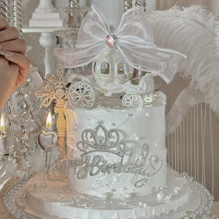Hug Sauce's Same Cake Decoration, Colorful Pumpkin Carriage Ornaments with Diamond Bow Crown Princess Birthday Plug-in