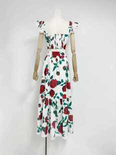 European and American Cross-border 2025 Spring and Summer New Rose Printed Sling Short Top High Waist Long Skirt suit