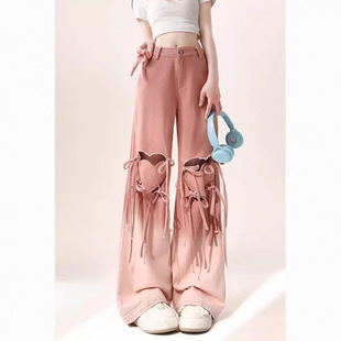 chubby girl Dopamine Wear Gradient Love Strap Ripped Jeans Women's plus size Niche Loose Slim Wide Leg Pants