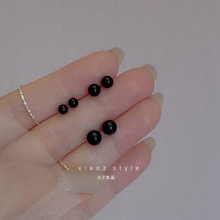 South Korea simple small S925 silver needle stud earrings black ball beanie unisex round bead ear jewelry ear bone stud
