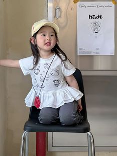 2025 Summer New Children's Wear Korean Style Children's Wear Girl's Cute Printed Hems Shaggy T-Shirt Children's Short-sleeved T