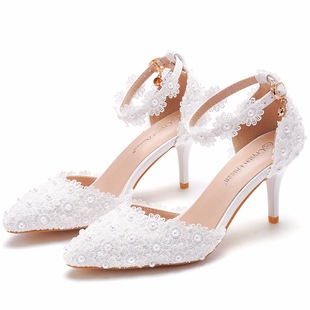 7cm Large Size Sandals Stiletto Heel Pointed White Lace Wedding Shoes Sandals White Foreign Trade High Heels Wedding Shoes