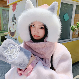 Cute Student Thickened Warm Ear Protecting Outdoor Cycling Cold-proof Neck Women's Winter Hat Scarf Gloves Three-piece Set