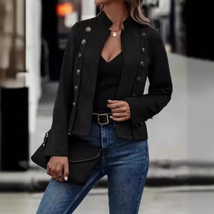2024 European and American Cross-border Solid Color Double-breasted Decorative Jacket New Deerskin Velvet Retro Long-sleeved Jacket