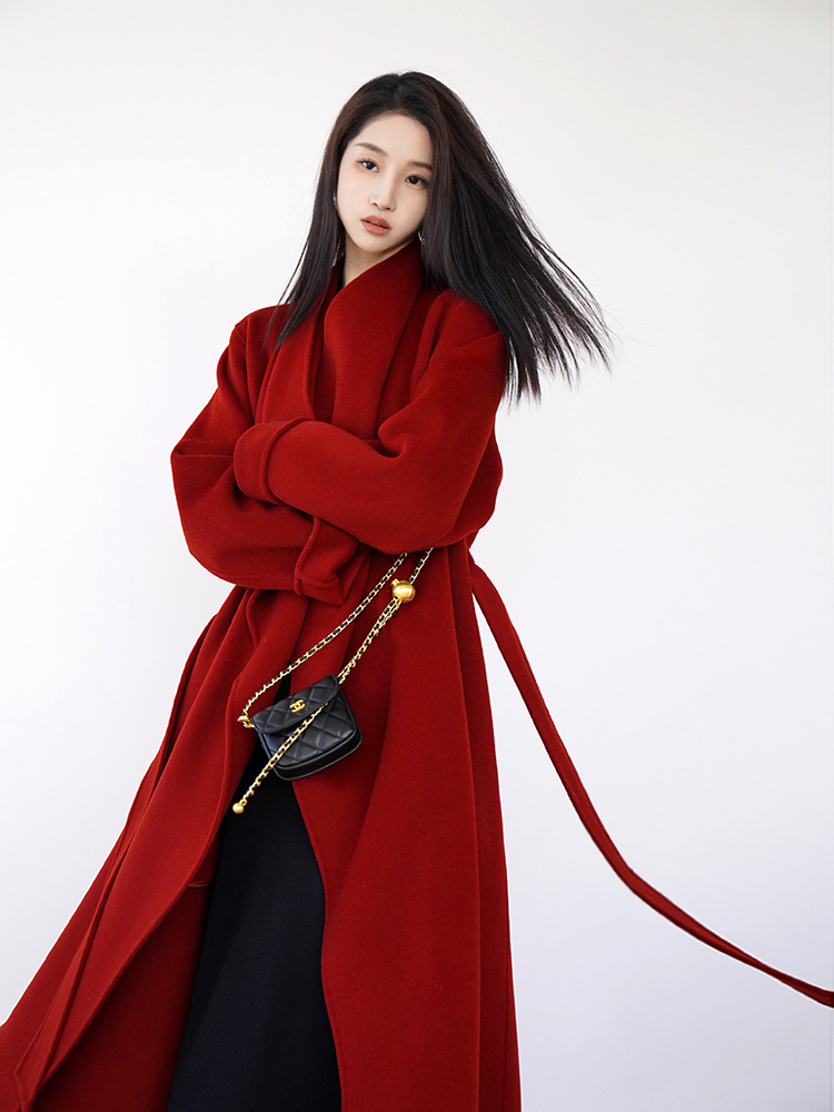 Christmas Coat Pure Handmade Red Wool Double-Sided Wool Mid-Length Cashmere Coat for Women
