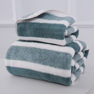 Cross-border Bath Towel Wrapping Towel Thickened Extra Large Absorbent Face Wash Household Wide Stripe Coral Fleece Towel Bath Towel suit Wholesale