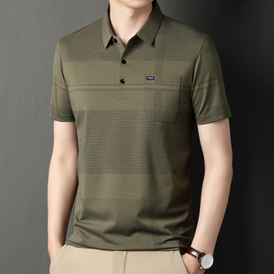 Dad's Summer Lap Ice Silk Short-sleeved T-shirt Men's Real Pocket Thin Striped Middle-aged and Elderly Polo Shirt for Men
