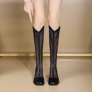 2024 New Style Thick Heel Mesh Boots Women's Summer High Heel Mesh Cool Boots Hollow Square Head High Boots Slim Look Long Boots Women