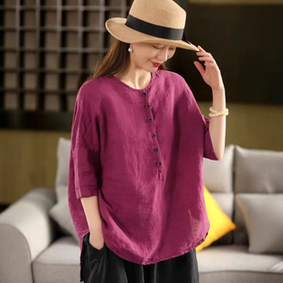 2025 Summer Vintage Sand Wash 100 Linen Shirt Women's Solid Color Crewneck Mid-Sleeve Pullover Elegant Shirt Top