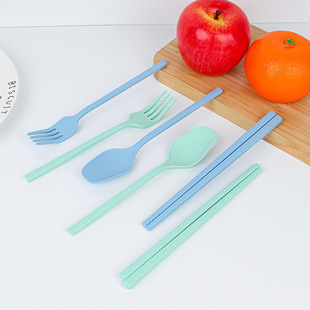 Cross-border Foreign Trade Wheat Straw Portable Tableware Three-piece Set Student Office worker Outdoor Spoon Chopsticks Fork Tableware