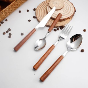 Japanese-style 304 stainless steel knife and fork spoon high-grade wooden handle tableware household high-value wooden handle steak knife dessert fork spoon