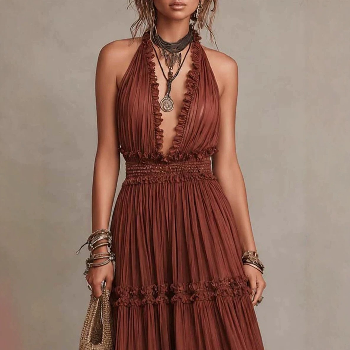 2026 European and American Women's Fashion Cross-Border New Style Fashionable Lace V-Neck Elegant High-Waisted V-Neck Long Dress