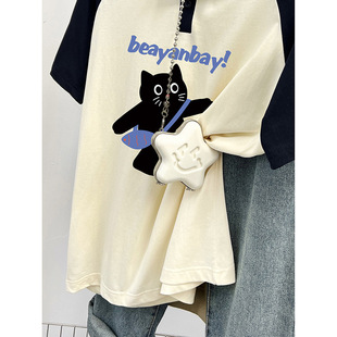 College style POLO collar loose raglan short sleeve T-shirt women's summer new design sense cartoon printed cotton top