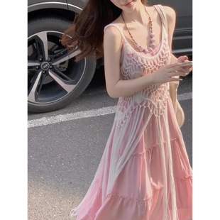 Bohemian Seaside suit Women's Pink Sling dress Women's Hollow Knit Blouse Design Two-piece Set