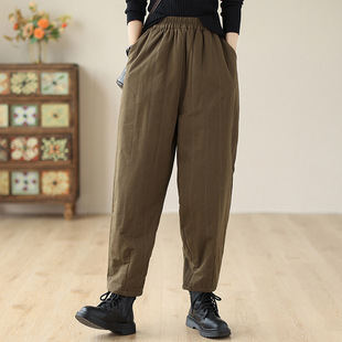 2024 real shot artistic casual solid color quilted cotton pants women's autumn New loose elastic waist thickened harem pants